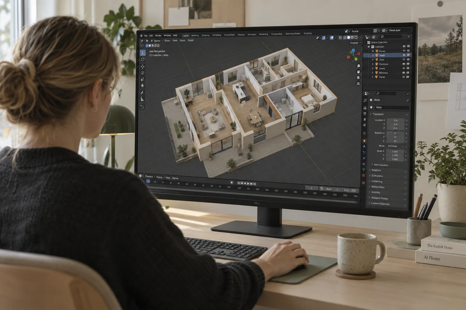 En person arbejder med en møbleret husmodel i Blender på en stor skærm.